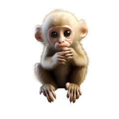 A small, white monkey sits with its hands clasped, looking up with a sweet, curious expression.