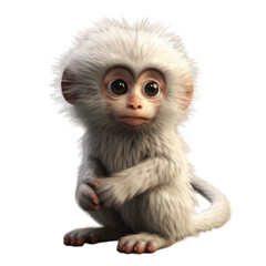 A small, white monkey with large, dark eyes sits on a black background, looking up with a curious expression.