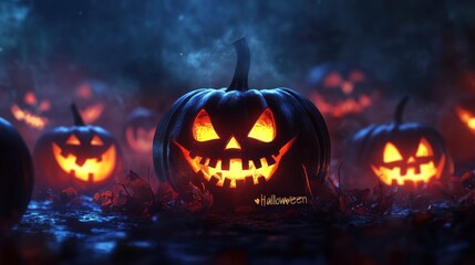 Scary pumpkins scarecrow vector illustration, Halloween pumpkin silhouettes carved into faces "Halloween "written on the Background. .