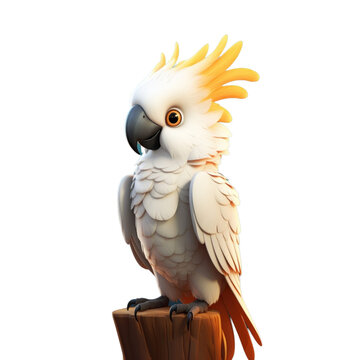 recommend clip art: A white cockatoo with a yellow crest perches on a wooden branch.
