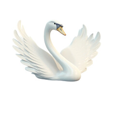 A white swan with its wings spread out, isolated on a black background.