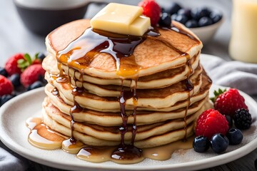A stack of fluffy pancakes topped with melted butter syrup drizzling down the sides, AI Generated