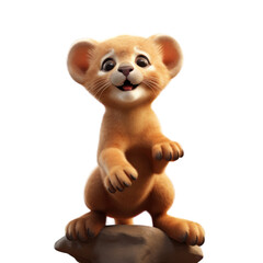 Naklejka premium Adorable cartoon lion cub with big eyes and a happy expression standing on a rock, isolated against a black background.