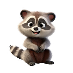 Fototapeta premium Adorable cartoon raccoon with big eyes and a cute smile, sitting on a white background.