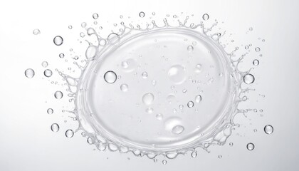 A clear water droplet creates a circular splash with many small bubbles forming a crown around the center, against a white background