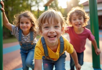 Three joyful children engage in playful activities at a vibrant playground on a bright sunny afternoon, creating lasting memories in a carefree environment