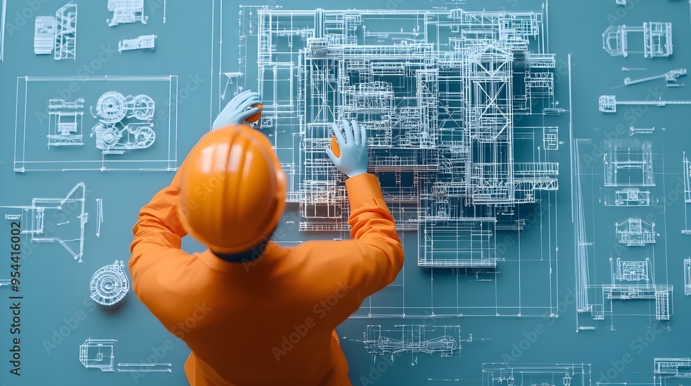 Poster engineer holding paper blueprint for infrastructure design in paper cut art style