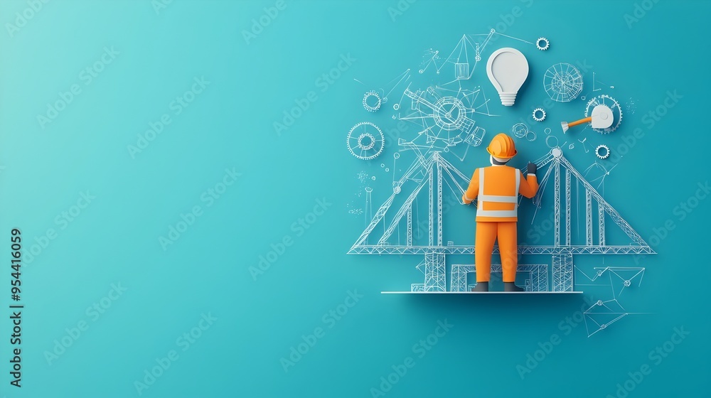 Poster engineer holding paper blueprint representing infrastructure design in paper cut art