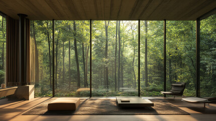 High-end modern living room featuring tall ceilings, expansive glass windows with garden