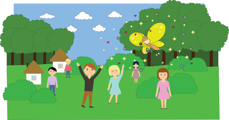 yellow golden butterfly flies over people in the forest