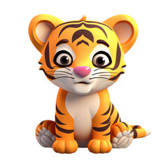 Cute cartoon tiger cub with orange and black stripes sitting on a white background.