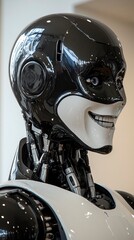 Fototapeta premium Humanoid robot, acting as a receptionist, with a welcoming smile, in a corporate lobby, under bright lights