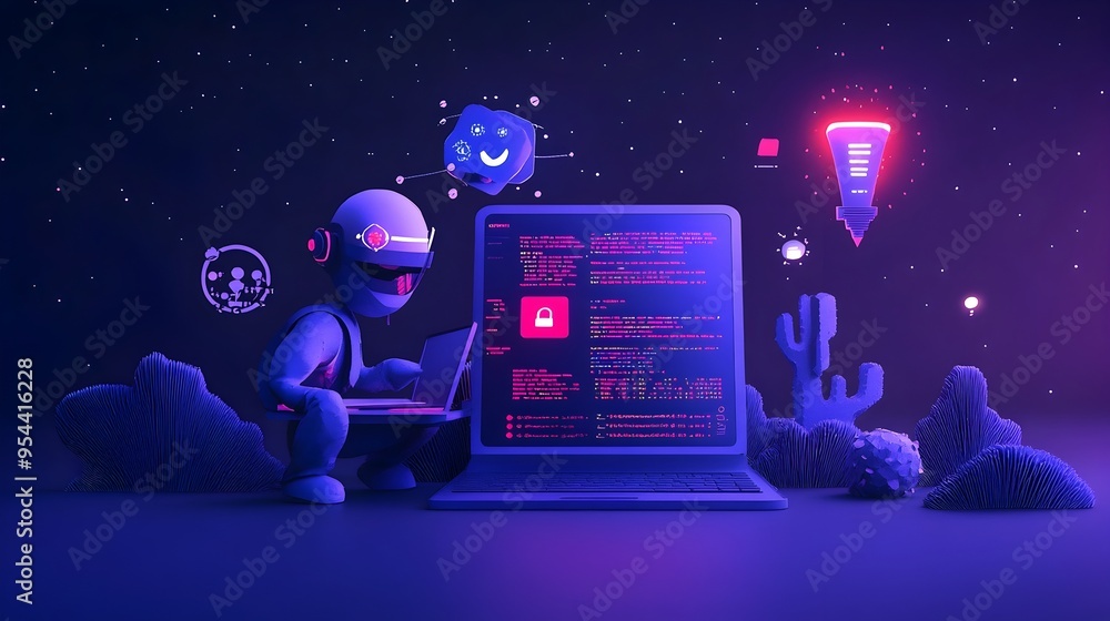 Aufkleber Engineer Utilizing Laptop with Coding Symbols in Paper Cut Art