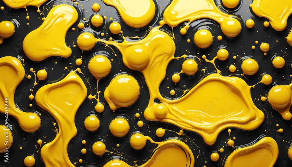 Poster yellow paint splatters and droplets of various sizes are scattered on a black surface, creating an a