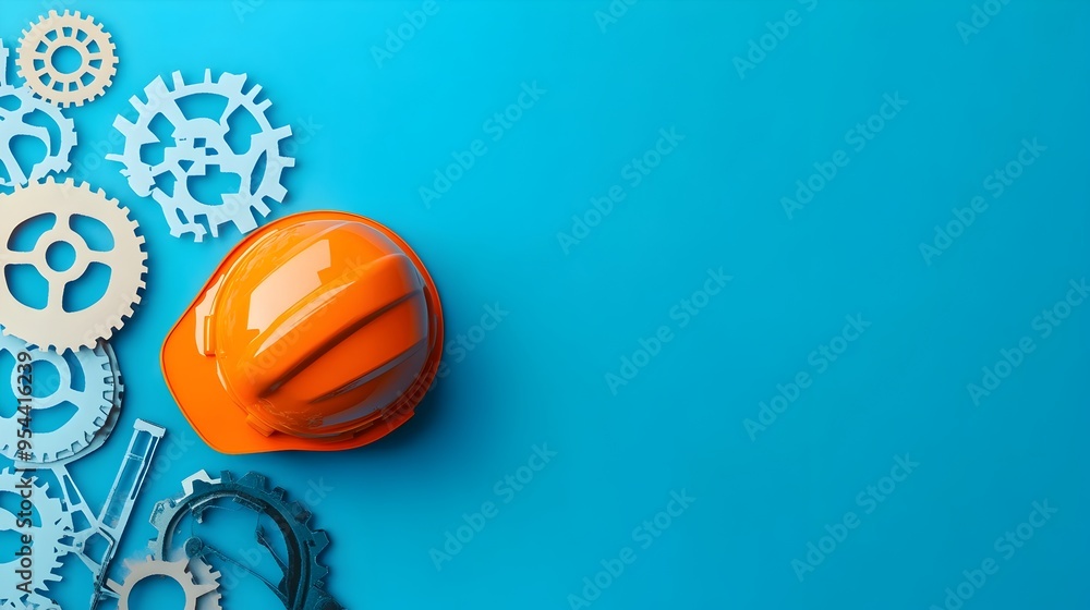 Poster engineer wearing hard hat with mechanical gears in paper cut art style