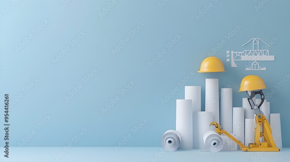 Poster Engineer with Blueprint Symbolizing Construction Planning in Paper Cut Style