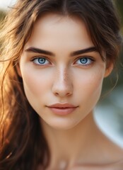 Obraz premium A young woman with long brown hair and blue eyes looks directly at the camera. Her face is illuminated by the sun