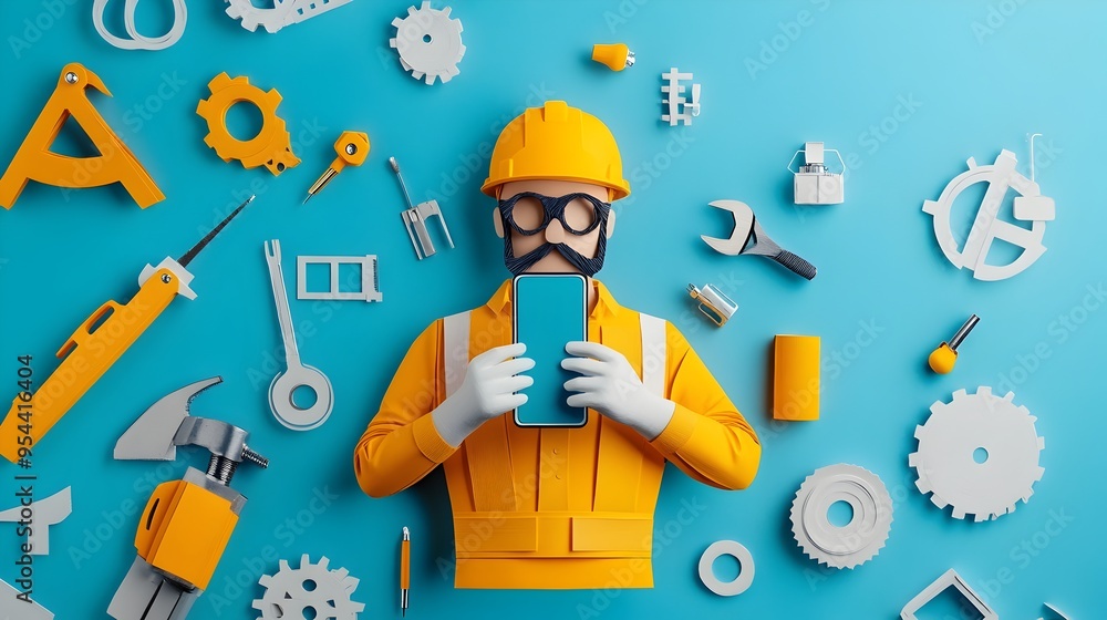 Aufkleber engineer with smartphone and tools representing tech innovation in paper cut art style
