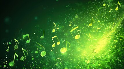 Abstract green music background with musical notes and leaves creating a lively and vibrant atmosphere.