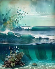 A vibrant underwater landscape showcases a coral reef, colorful marine life, and gentle waves breaking above the surface, creating a serene seascape.