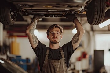 Portrait of a handsome young mechanic working on a car in a garage