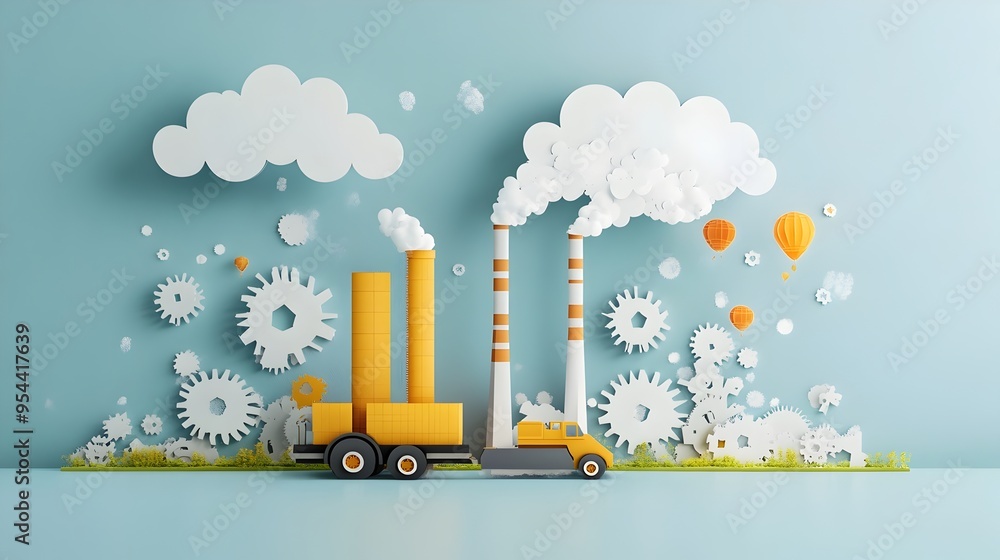 Poster gears and factory in paper cut style representing manufacturing engineering