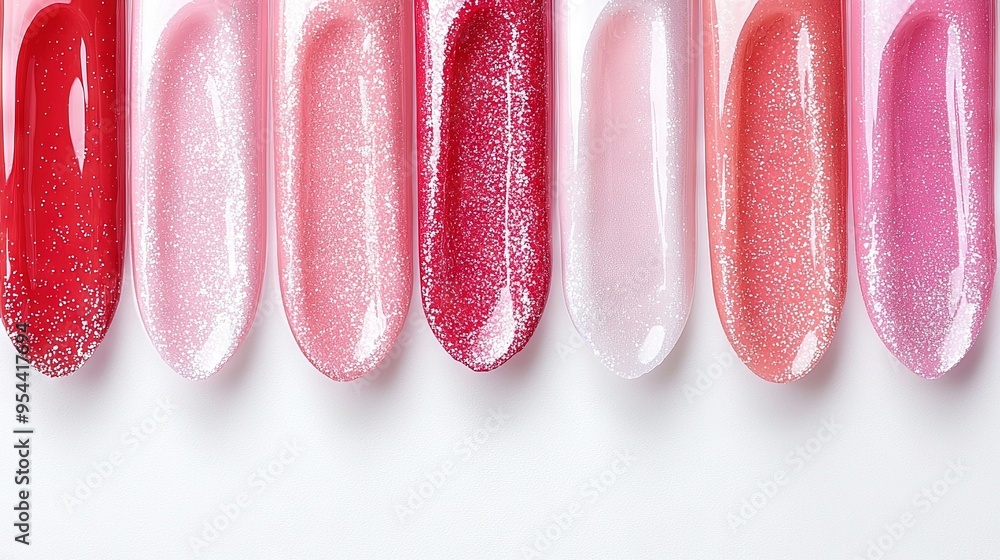 Canvas Prints five shades of pink, red, and nail polish line up on a white background