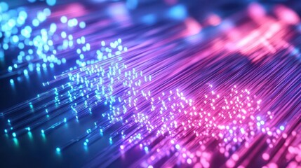 Fototapeta premium A network of fiber optic cables glowing with data transmission, telecommunication, fiber optic, data