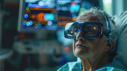 Elderly patient wearing advanced medical goggles in a hospital room with monitoring equipment in the background.