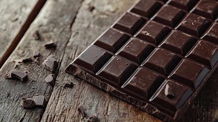 Dark Chocolate Bar on Rustic Wooden Surface with Broken Pieces