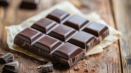 Dark Chocolate Bar Broken into Pieces on Wood