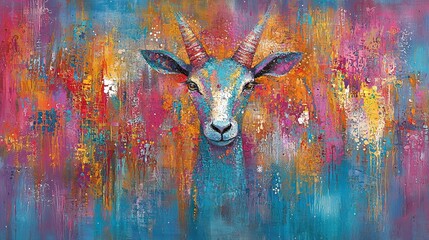   A goat with vibrant paint splashes on its face against a blue backdrop