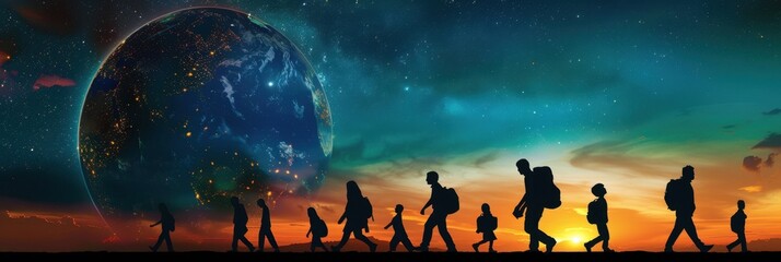 International Migrants Day. Silhouettes of walking migrants against the background of a globe at night. Horizontal banner. Copy space. Problems of wars and poverty. Immigration concept