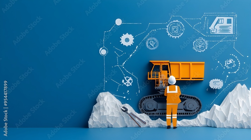 Aufkleber Geological Engineer with Mining Tools Representing the Profession in Paper Cut Style