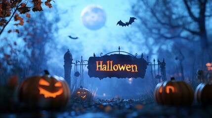 Spooky Halloween background with pumpkins, moon, and bat. Cool and horror designs. Poster, banner, flyer for night event Hallowen party and halloween day "Halloween "written on the Background. .