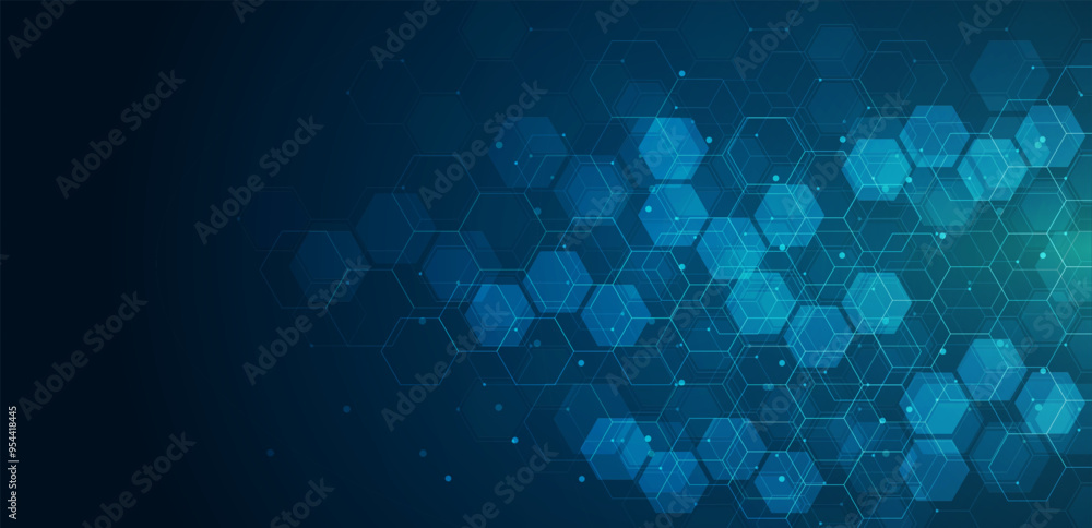 Wall mural hexagons pattern on blue background. genetic research, molecular structure. chemical engineering. co