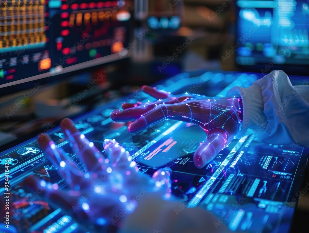 Aufkleber futuristic user interacting with a high-tech digital interface, showcasing advanced technology and h