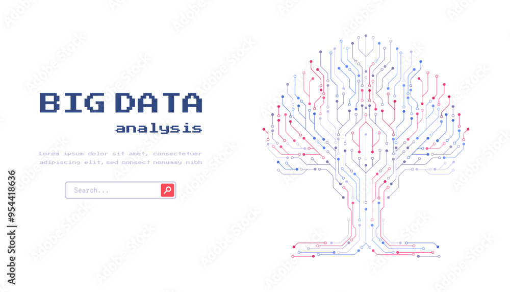 Poster technology big data tree network. digital circuit board internet connection. hi-tech