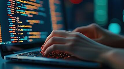 A close-up of hands typing on a laptop with colorful code displayed on the screen, reflecting technology and coding culture.