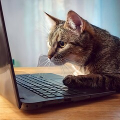 A cat sitting on a desk, with its paw on a laptop keyboard, looking intently at the screen
