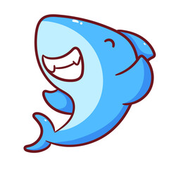 Cute Shark Cartoon Vector. Adorable And Kawaii Underwater Animals Concept Design. Maskot, Icon and Logo. Isolated White Background. 