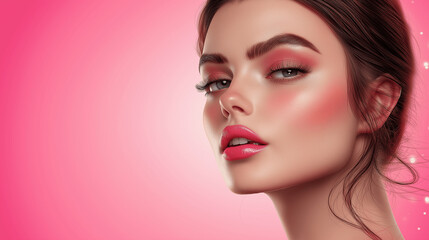 Fototapeta premium Elegant woman with pink makeup and glossy lips against a soft pink background. Beauty banner with empty copy space