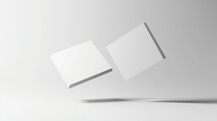 Two blank white cards floating in minimalist space with soft shadows