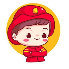 Cute Fire fighter Crossed Arm Cartoon Vector Character. Profession Concept Design. Chibi Cartoon Style. Isolated White Background