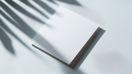 Blank white card on light blue surface with palm leaf shadows. Empty copy space for text