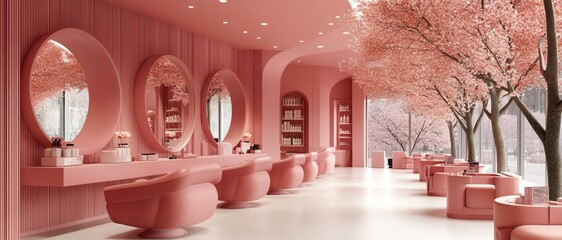 Elegant pink salon with large round mirrors and cherry blossoms outside