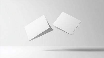 Two blank white cards floating in minimalist space with soft shadows