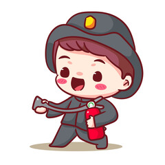 Cute Fire fighter Using Extinguisher Cartoon Vector Character. Profession Concept Design. Chibi Cartoon Style. Isolated White Background
