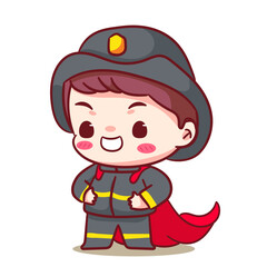 Cute Hero Fire fighter Cartoon Vector Character. Profession Concept Design. Chibi Cartoon Style. Isolated White Background