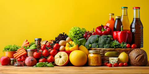 Close-up photography of a Supermarket Shopping Cart or Basket Full of Grocery Products Floating Fresh Fruits and Vegetables on a Lively Landscape Yellow Background. Huge Copy Space